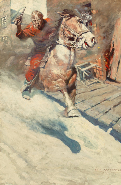Mr. Cassidy … saw a crimson rider sweep down upon him … heralded by a blazing .41 by N. C. Wyeth — A rider in red charges on a plunging pale horse, revolver