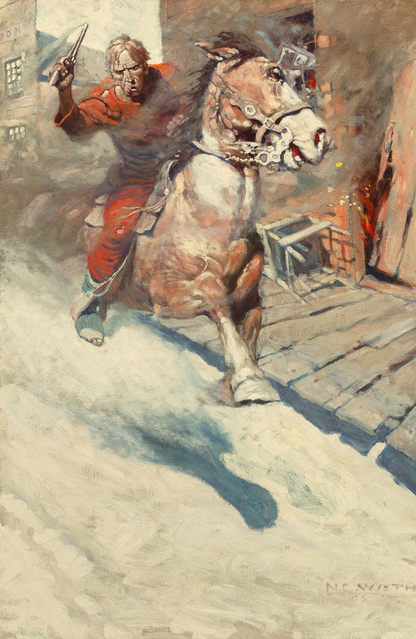 N. C. Wyeth — Mr. Cassidy … saw a crimson rider sweep down upon him … heralded by a blazing .41 | Illustration Art Print