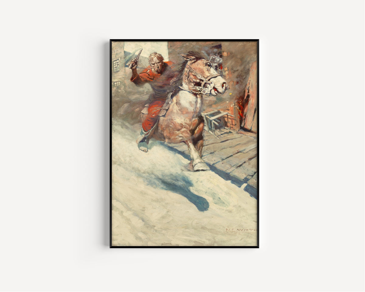 N. C. Wyeth — Mr. Cassidy … saw a crimson rider sweep down upon him … heralded by a blazing .41 | Illustration Art Print