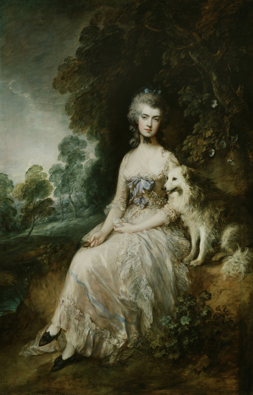 Mrs Mary Robinson (Perdita) by Thomas Gainsborough — A woman in a pale gown sits beneath dark trees with a white dog