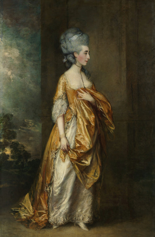 Mrs. Grace Dalrymple Elliott (1754?-1823) by Thomas Gainsborough — A woman in a gold satin overdress stands in profile