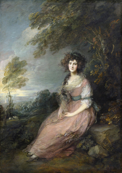 Mrs. Richard Brinsley Sheridan by Thomas Gainsborough — A woman in pink with wind-tossed curls sits beneath bending trees