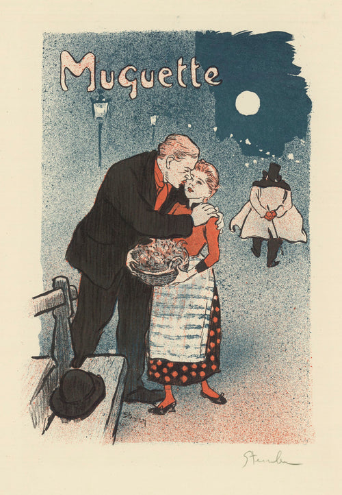 Muguette by Théophile Steinlen — Under a full moon an old man embraces a young woman with a basket