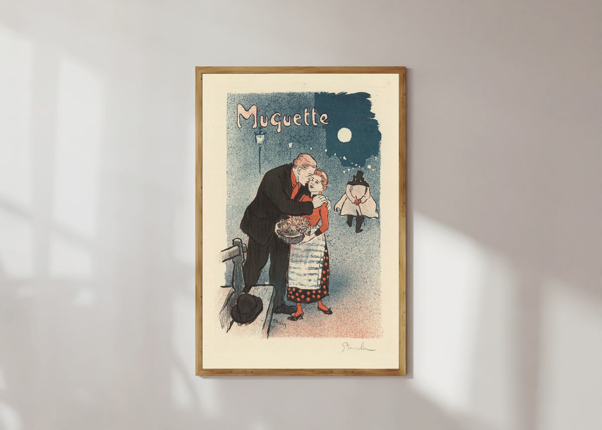 Framed art print of Muguette by Théophile Steinlen, in a light wood frame on a sunlit white wall
