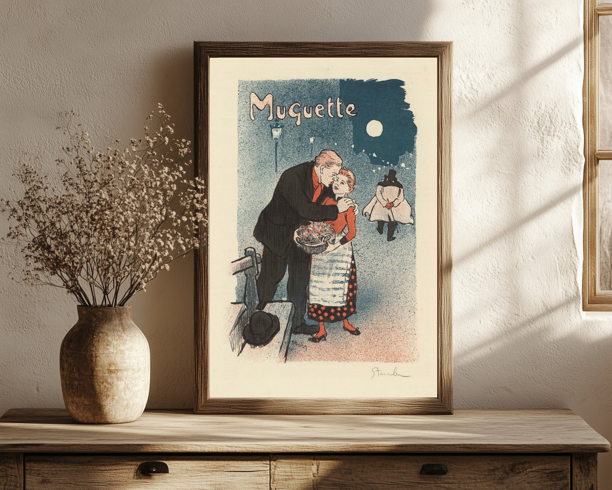 Framed art print of Muguette by Théophile Steinlen, in a dark wood frame leaning on a rustic console beside dried flowers