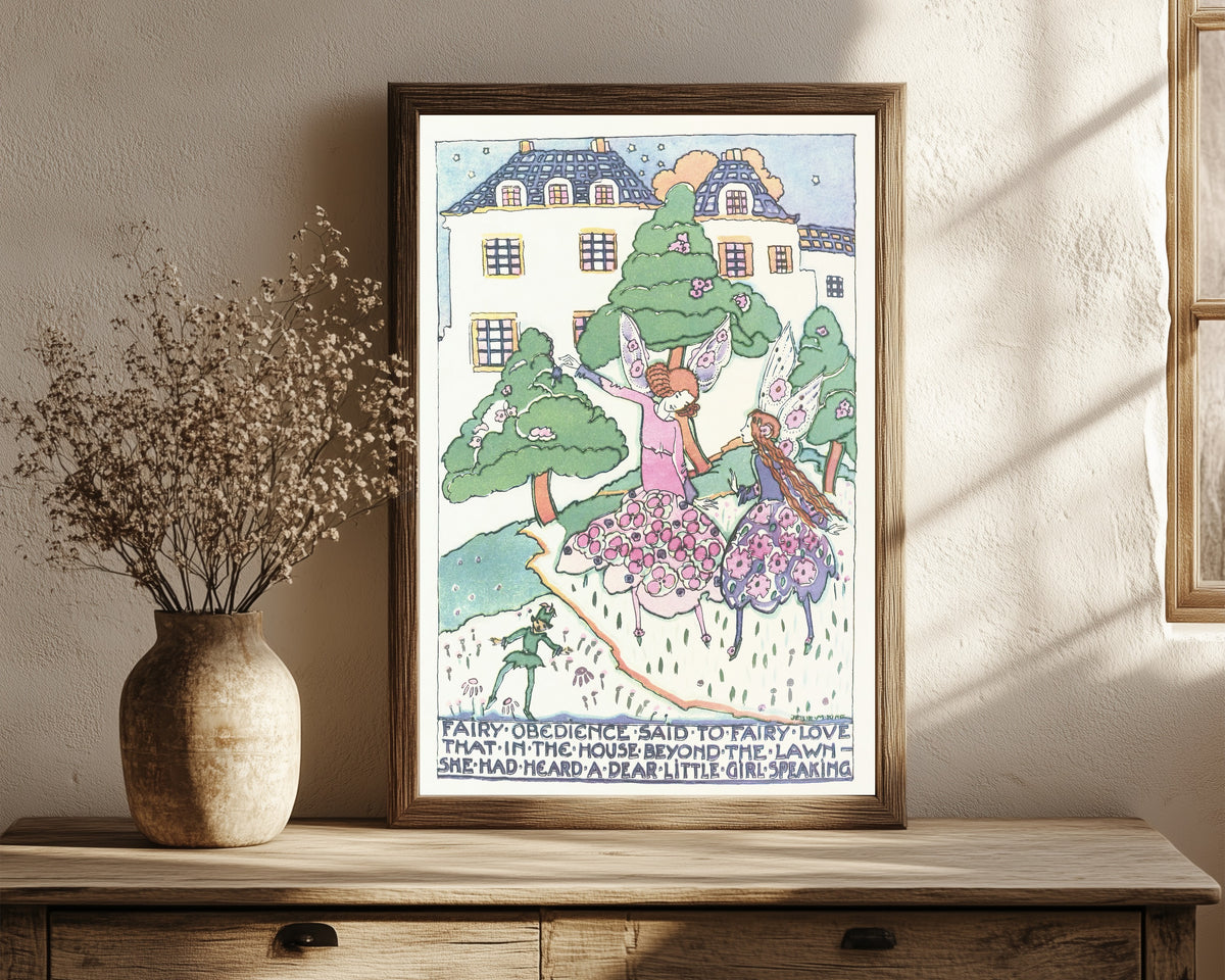 Framed art print of Mummy's Bedtime Story Book: Fairy Obedience Said… by Jessie M. King, in a dark wood frame leaning on a rustic console beside dried flowers