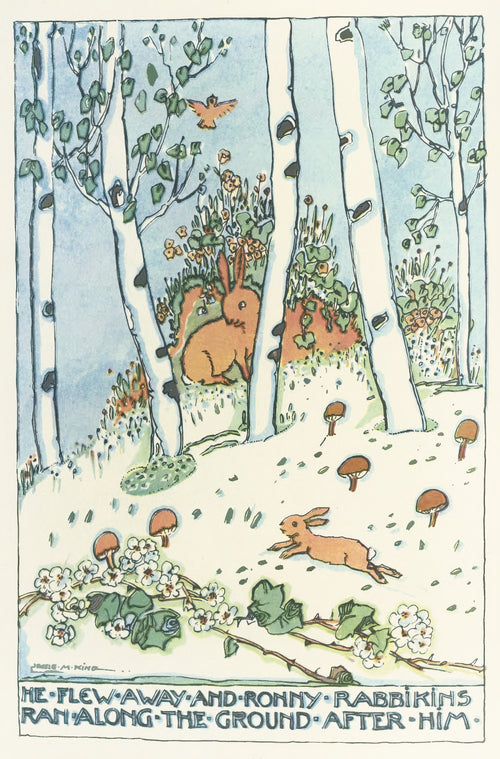Mummy's Bedtime Story Book: He Flew Away and Ronny Rabbinkins Ran Along the Ground After Him by Jessie M. King — A rabbit leaps across pale ground among