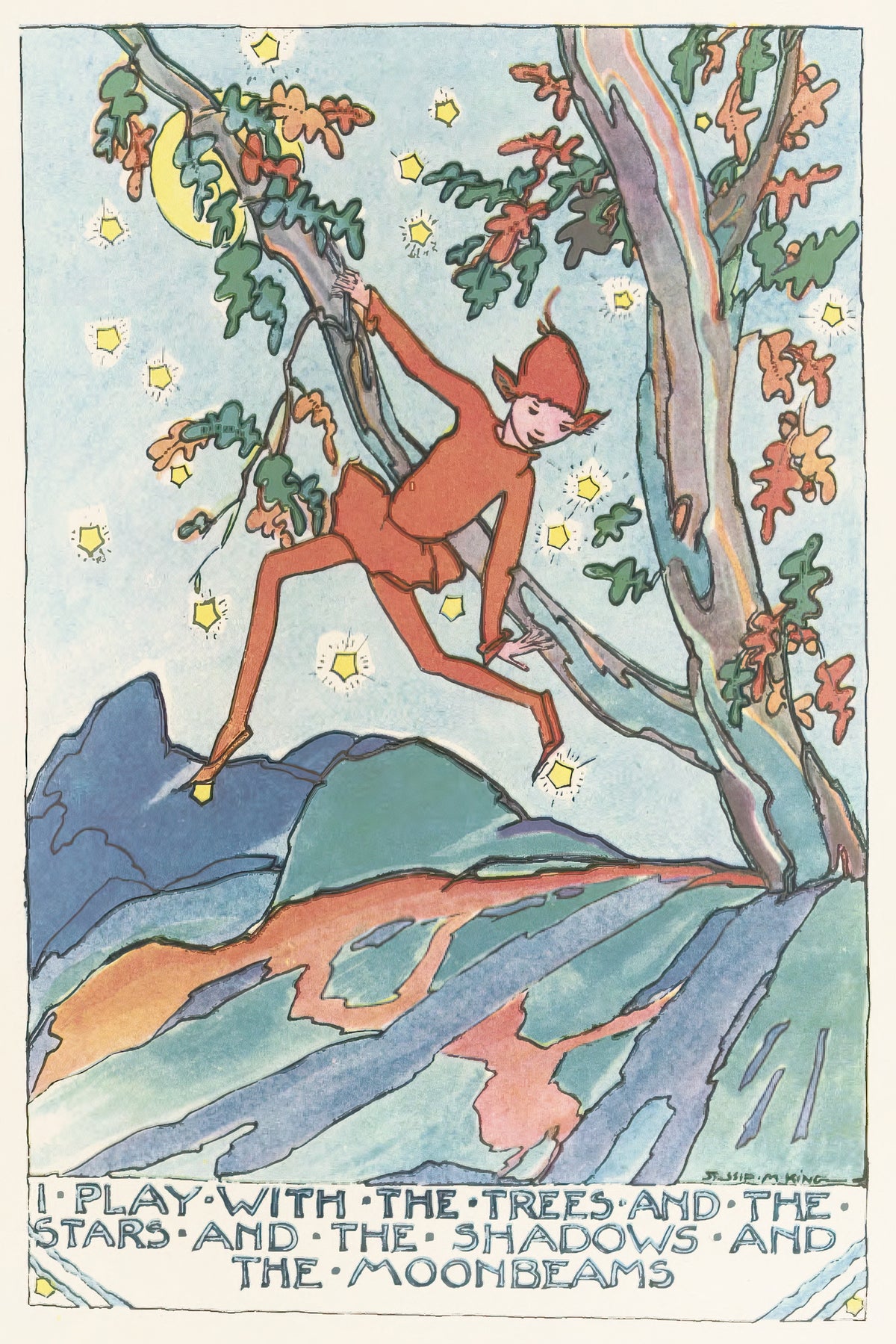 Mummy's Bedtime Story Book: I Play with the Trees and the Stars and the Shadows and the Moonbeams by Jessie M. King — An elf in red swings through an oak under