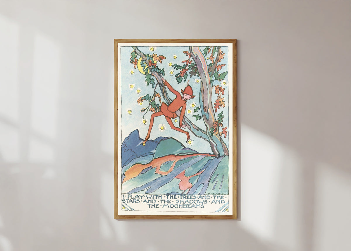Framed art print of Mummy's Bedtime Story Book: I Play with the Trees and the Stars and the… by Jessie M. King, in a light wood frame on a sunlit white wall