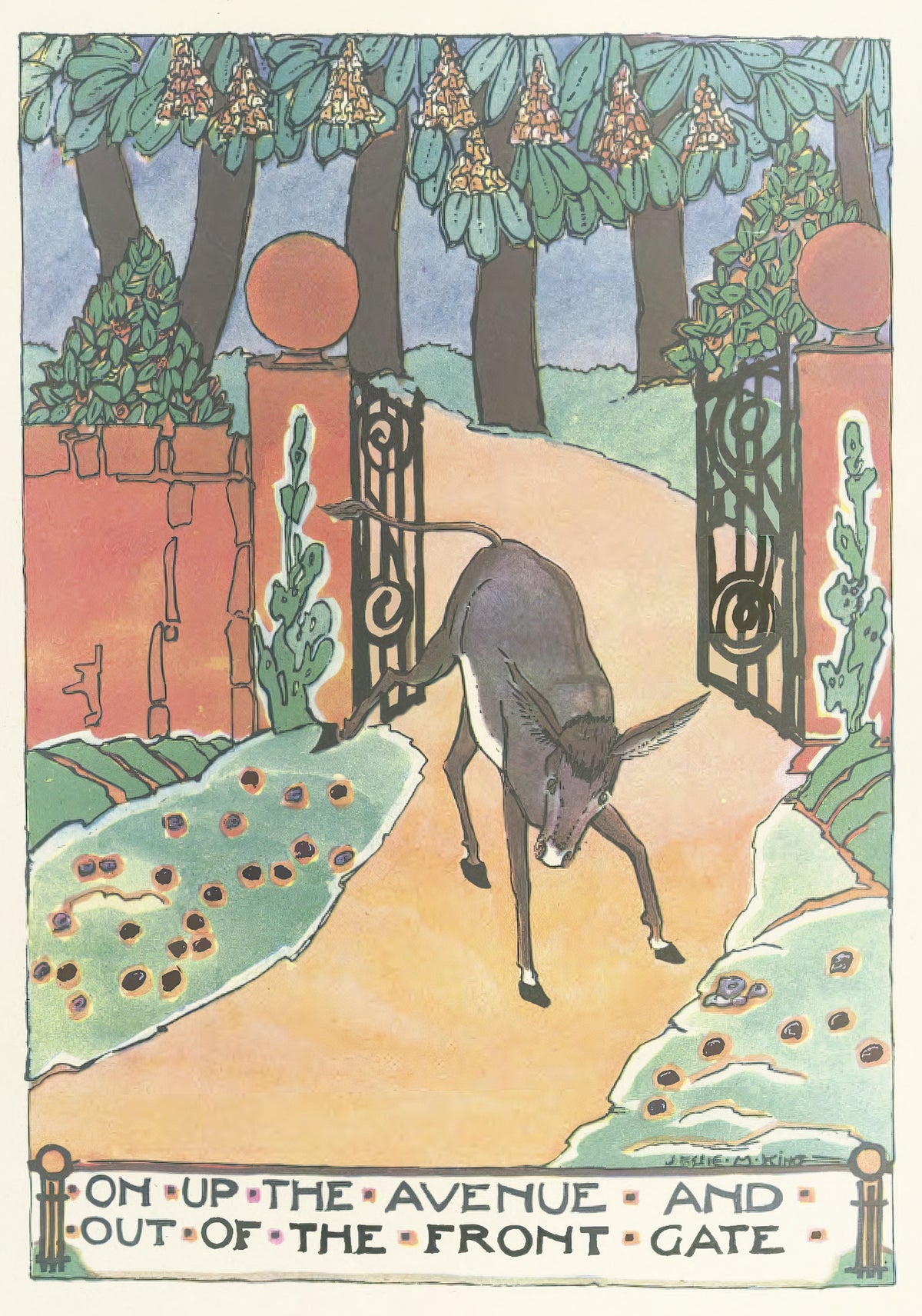 Mummy's Bedtime Story Book: On Up the Avenue and Out of the Front Gate by Jessie M. King — A donkey kicks up a hind leg between two open iron gates