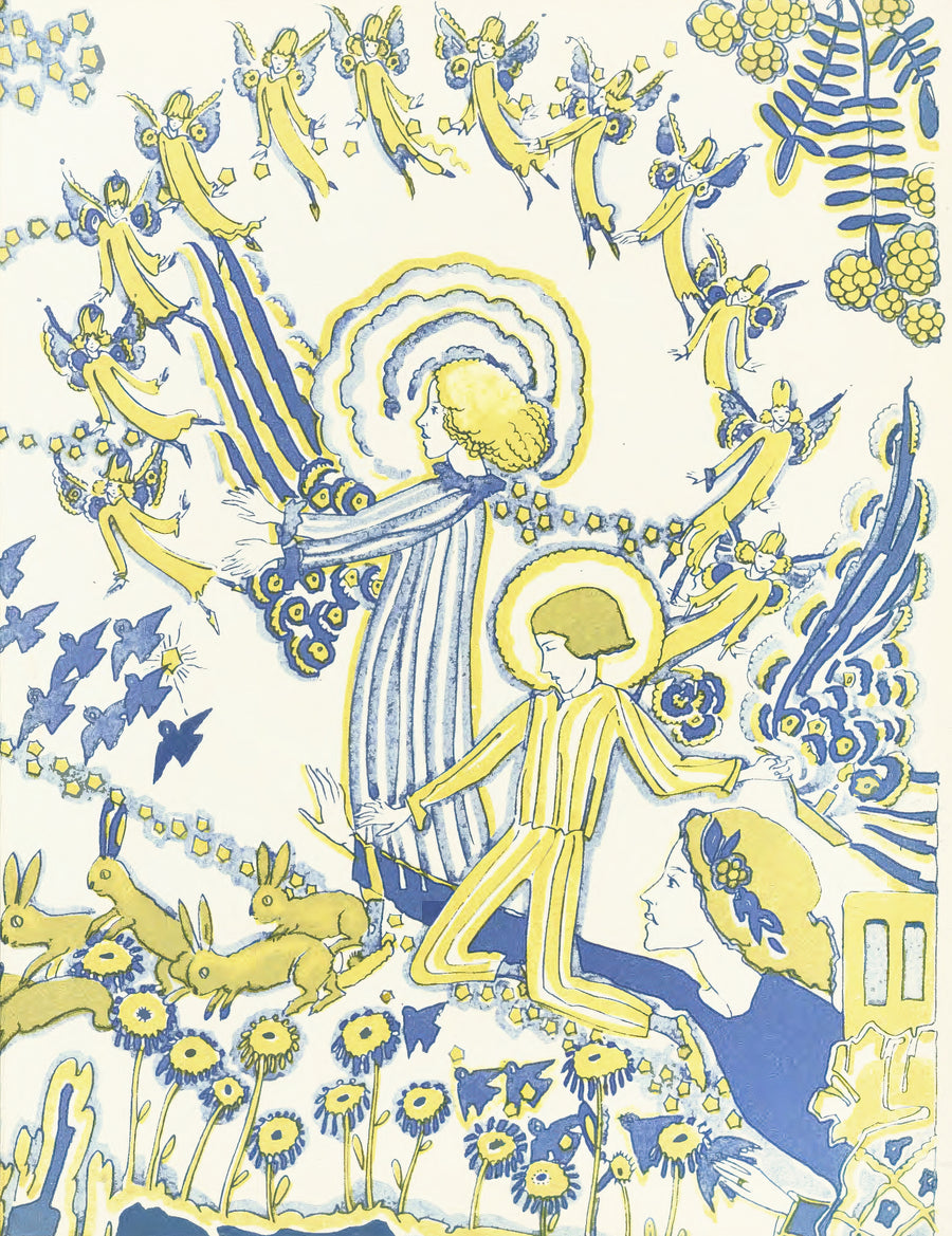 Jessie M. King — Mummy's Bedtime Story Book: Plate 12 | Fairy Tale Illustration Print shown to scale on a wall above a sofa