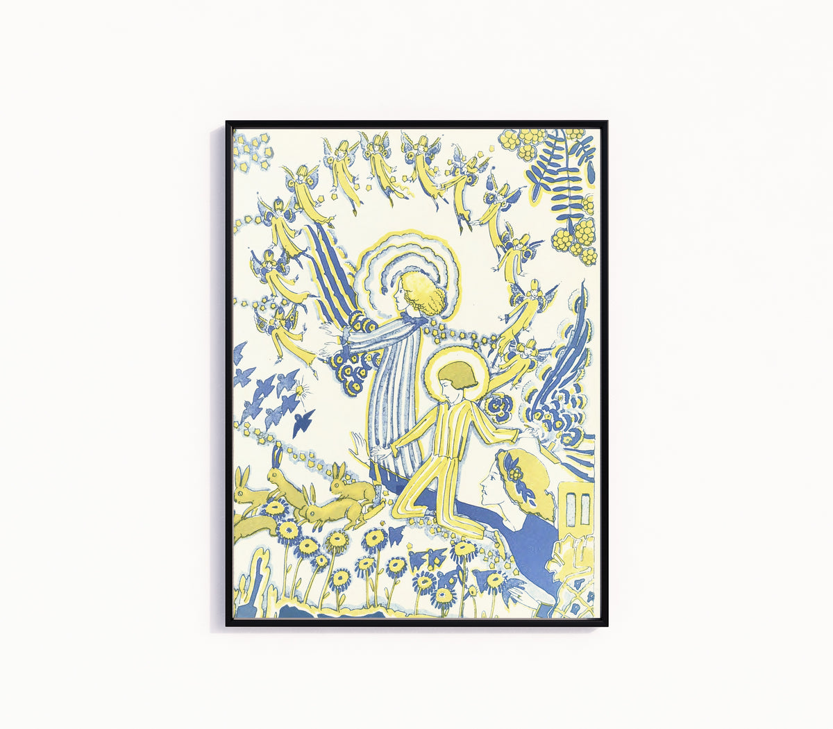 Framed art print of Mummy's Bedtime Story Book: Plate 12 by Jessie M. King, in a slim black frame on a plain white wall