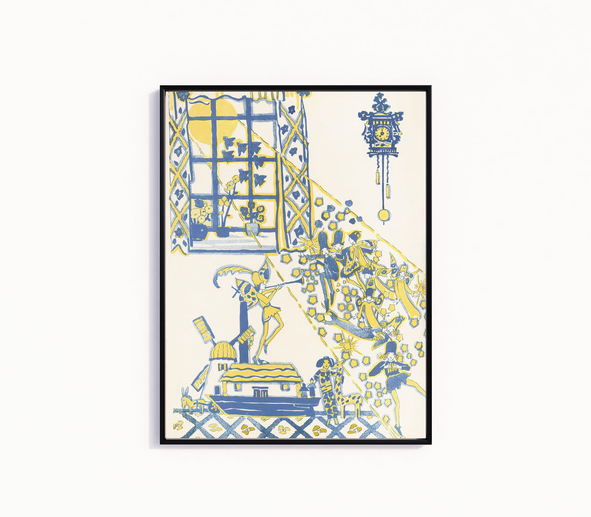 Framed art print of Mummy's Bedtime Story Book: Plate 13 by Jessie M. King, in a slim black frame on a plain white wall
