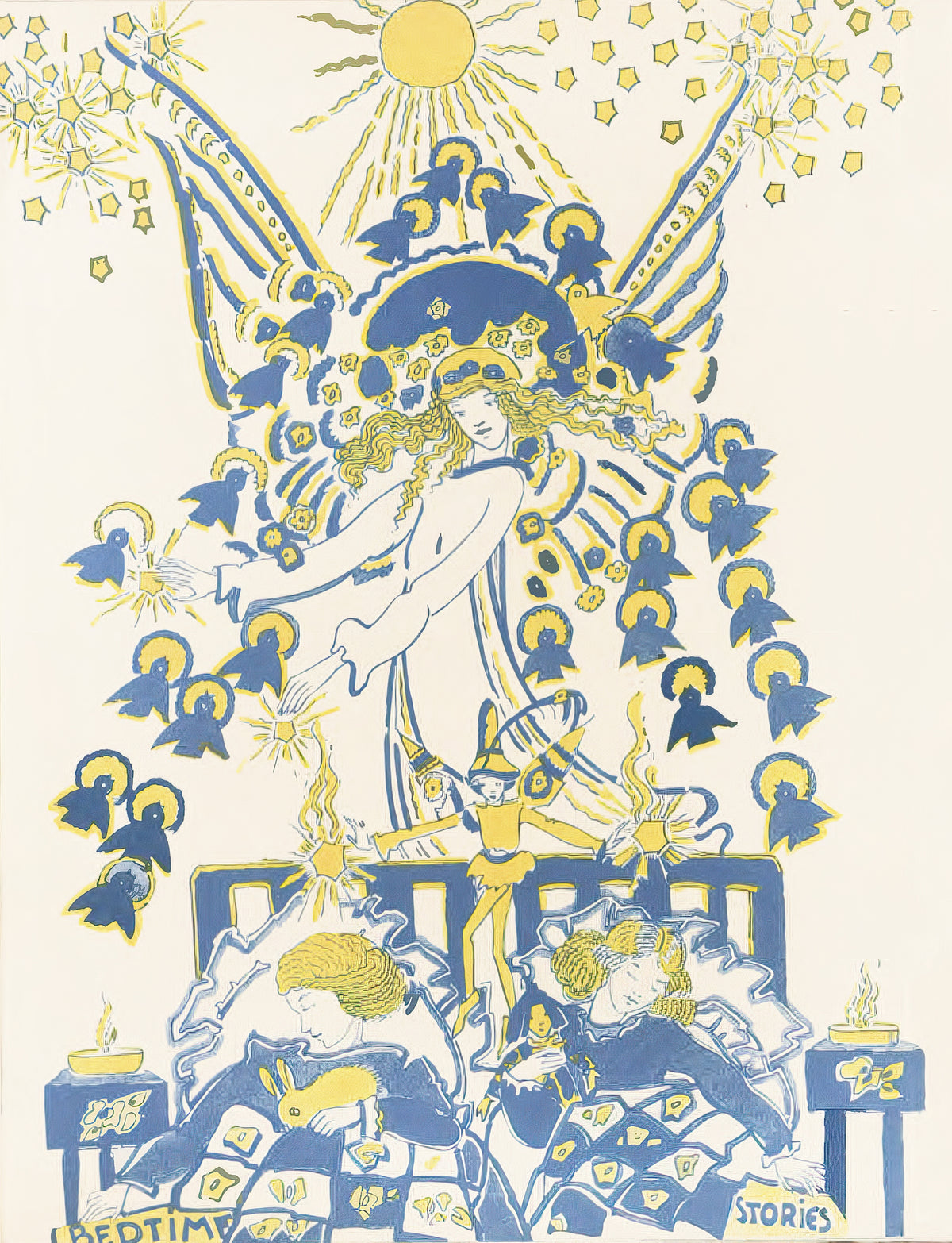 Mummy's Bedtime Story Book: Plate 14 by Jessie M. King — A winged guardian spreads her arms over two sleeping children