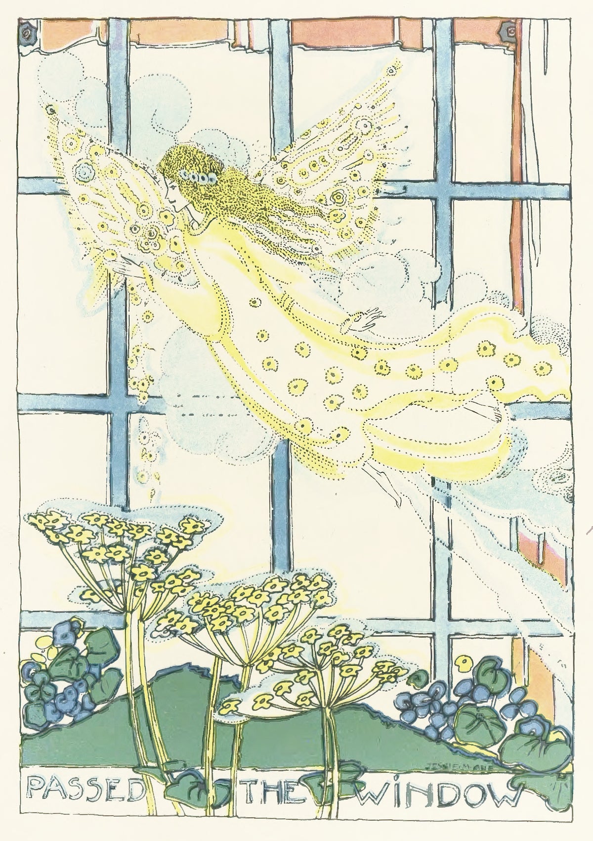 Mummy's Bedtime Story Book: Plate 6 by Jessie M. King — A winged fairy with spotted wings drifts past a leaded window
