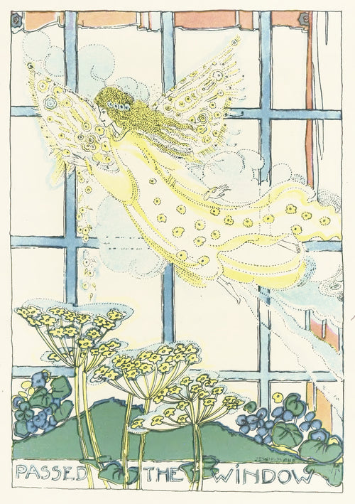 Mummy's Bedtime Story Book: Plate 6 by Jessie M. King — A winged fairy with spotted wings drifts past a leaded window