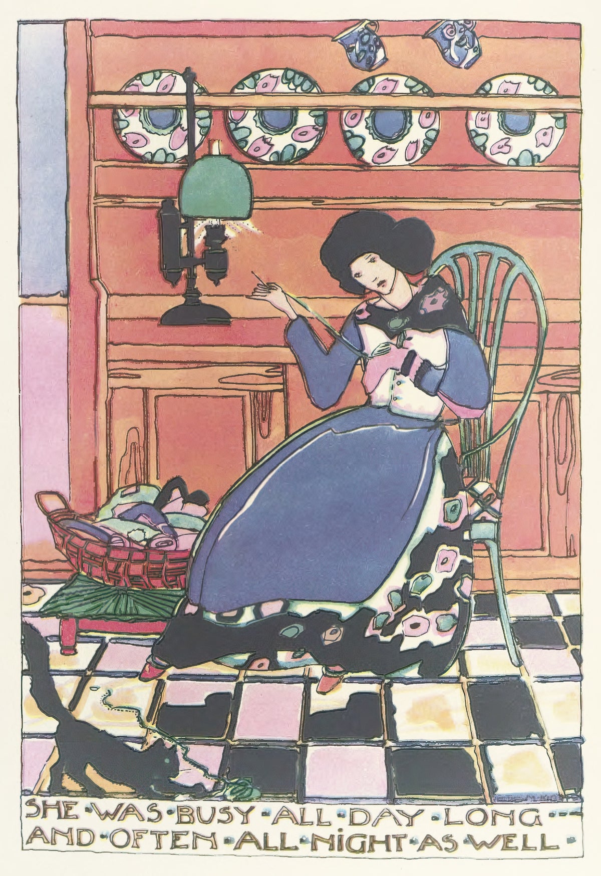 Mummy's Bedtime Story Book: She Was Busy All Day Long and Often All Night as Well by Jessie M. King — A woman sews by lamplight while a black cat plays with