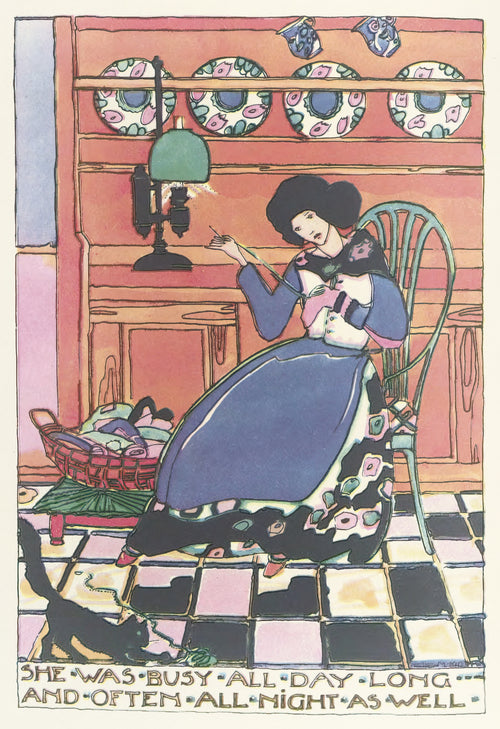 Mummy's Bedtime Story Book: She Was Busy All Day Long and Often All Night as Well by Jessie M. King — A woman sews by lamplight while a black cat plays with