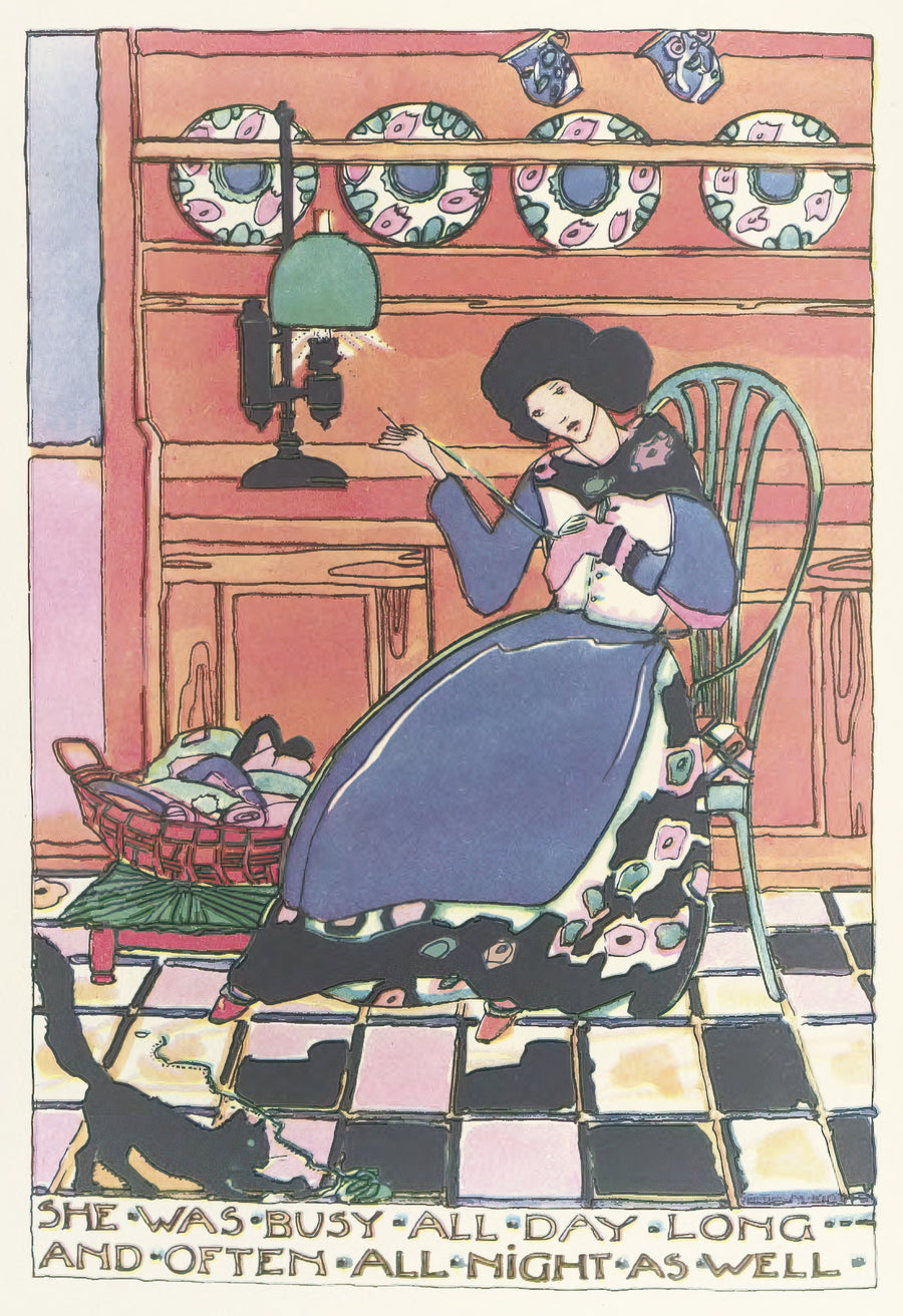 Jessie M. King — Mummy's Bedtime Story Book: She Was Busy All Day Long and Often All Night as Well | Art Nouveau Print shown to scale on a wall above a sofa