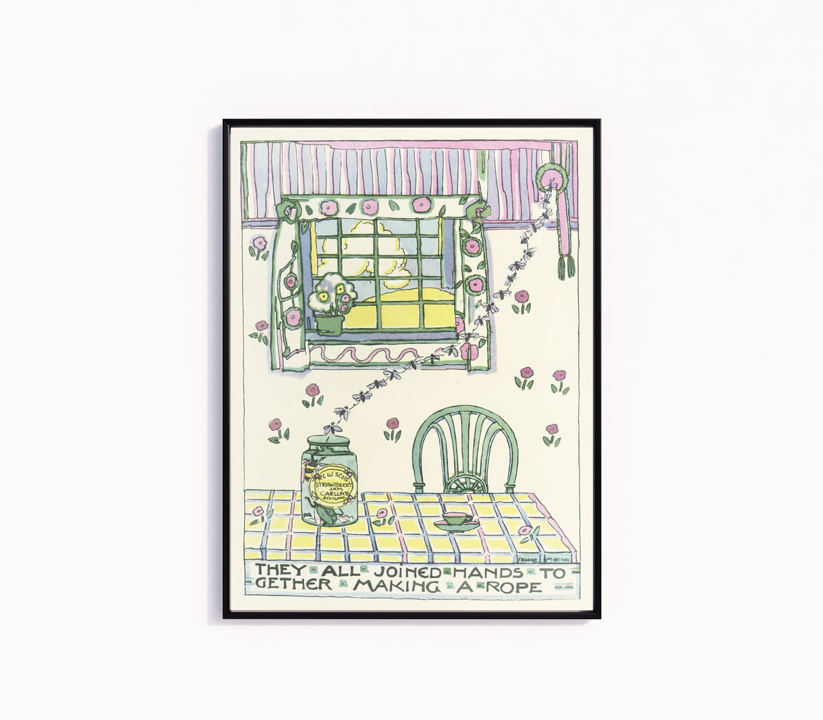 Framed art print of Mummy's Bedtime Story Book: They All Joined Hands Together Making a Rope by Jessie M. King, in a slim black frame on a plain white wall