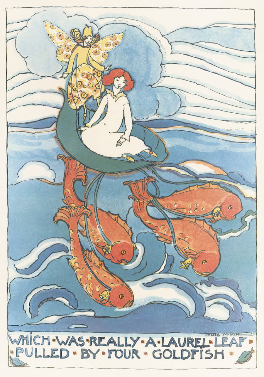 Jessie M. King — Mummy's Bedtime Story Book: Which Was Really a Laurel Leaf Pulled by Four Goldfish | Fairy Tale Illustration Print shown to scale on a wall above a sofa