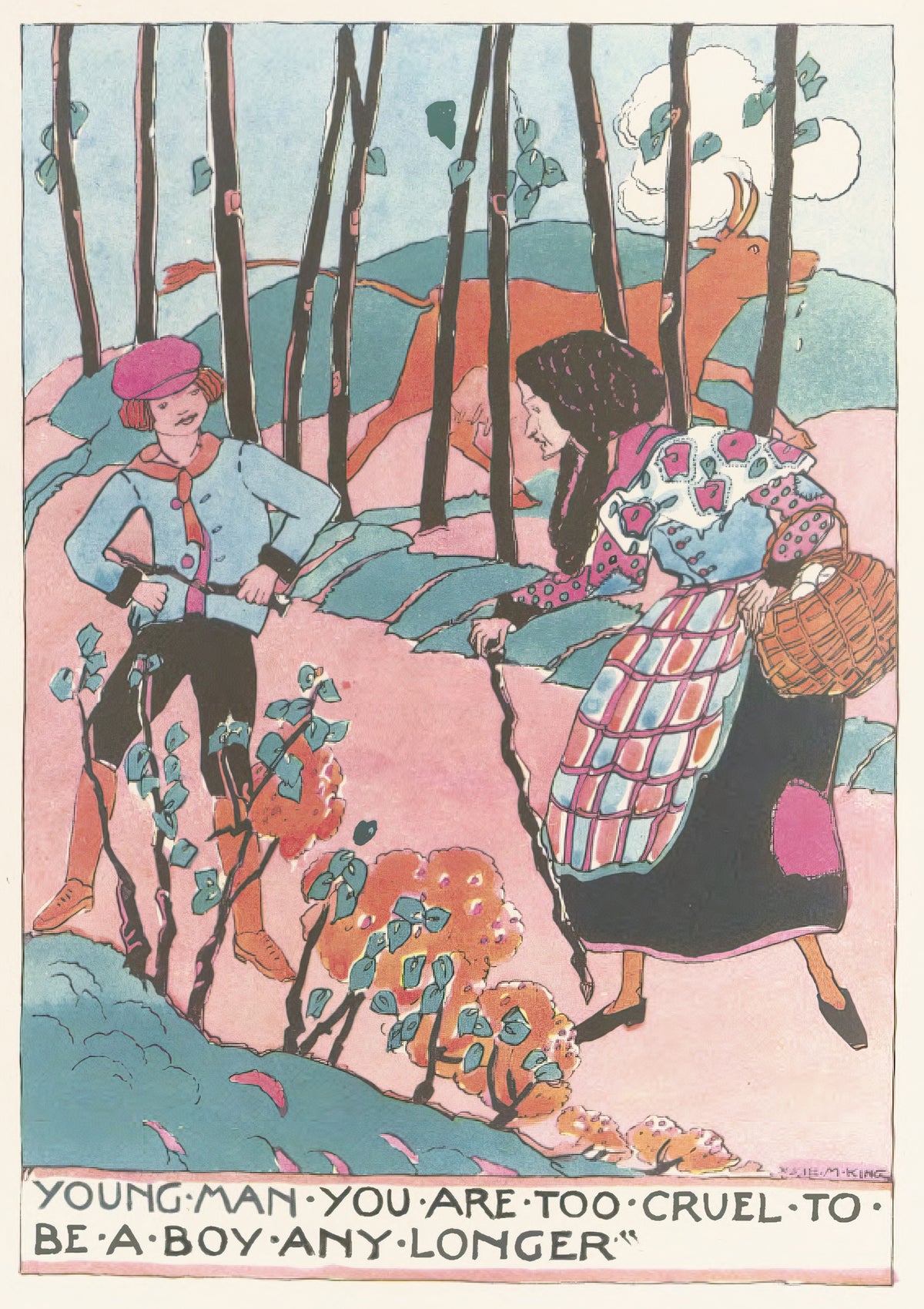 Mummy's Bedtime Story Book: Young Man You Are Too Cruel to Be a Boy Any Longer by Jessie M. King — A cocky boy in a pink cap faces an old woman with an egg