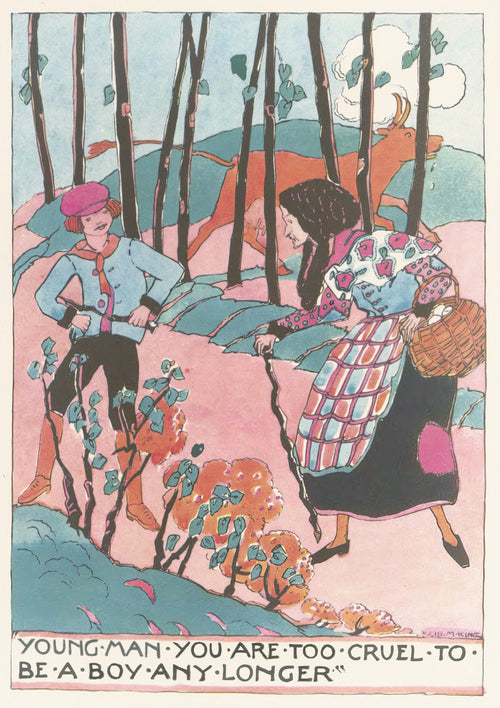 Mummy's Bedtime Story Book: Young Man You Are Too Cruel to Be a Boy Any Longer by Jessie M. King — A cocky boy in a pink cap faces an old woman with an egg