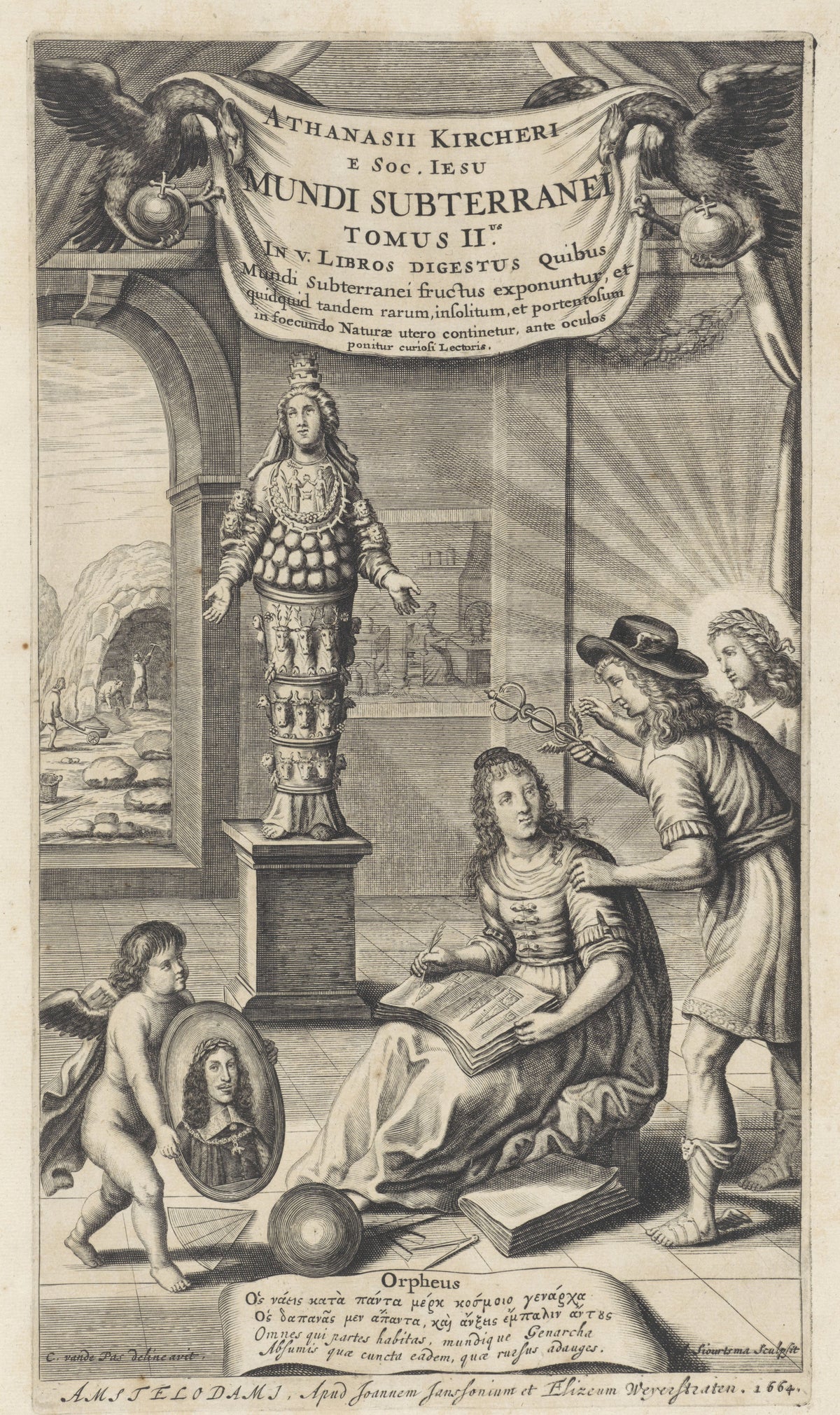 Mundus Subterraneus, Volume II: Title Page by Athanasius Kircher — A title page of eagles, a statue of many forms and a scribe
