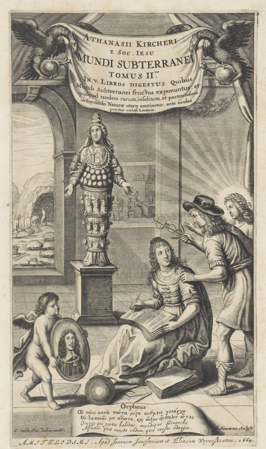 Athanasius Kircher — Mundus Subterraneus, Volume II: Title Page | Alchemical Engraving Print shown to scale on a wall above a sofa