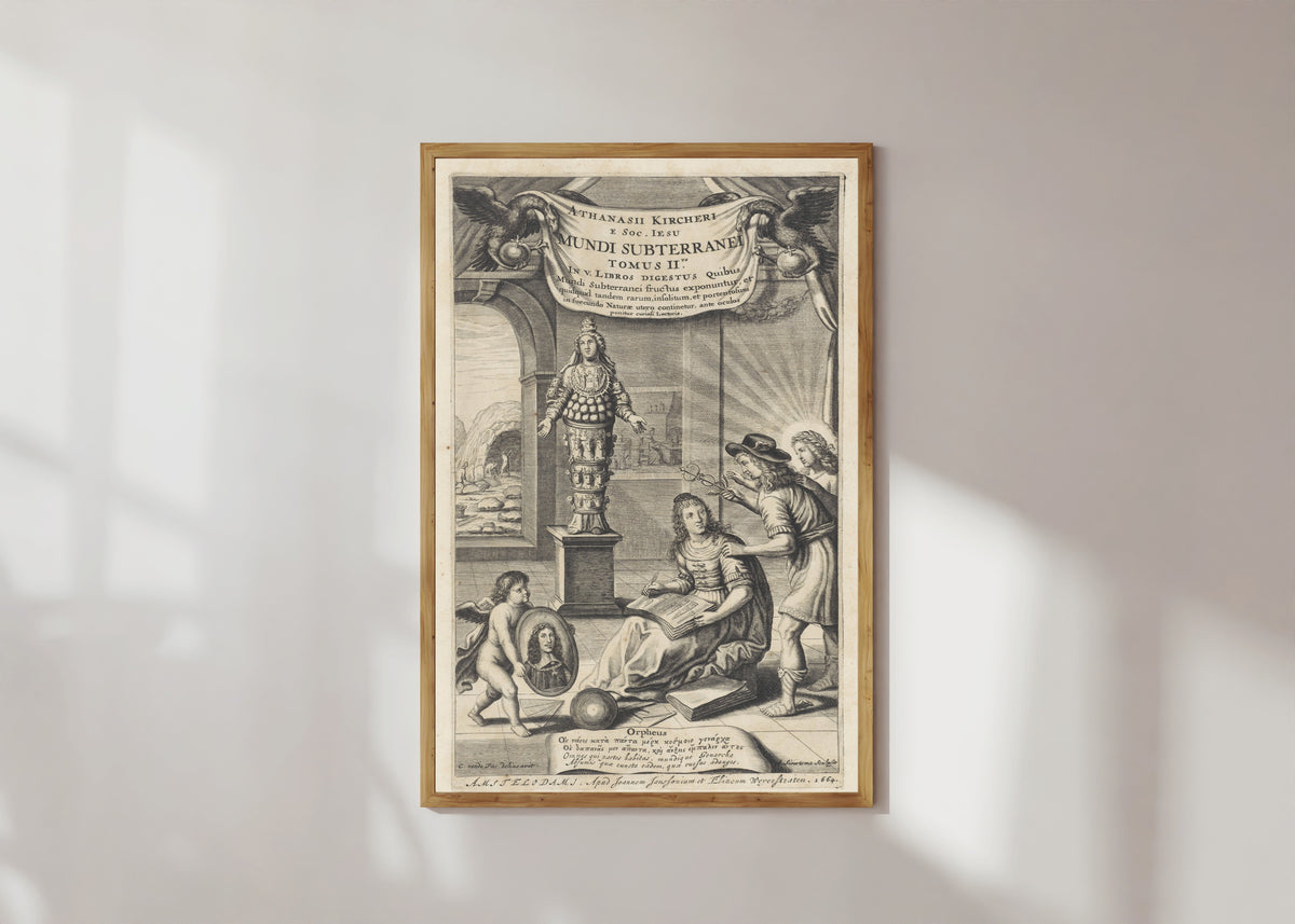 Framed art print of Mundus Subterraneus, Volume II: Title Page by Athanasius Kircher, in a light wood frame on a sunlit white wall