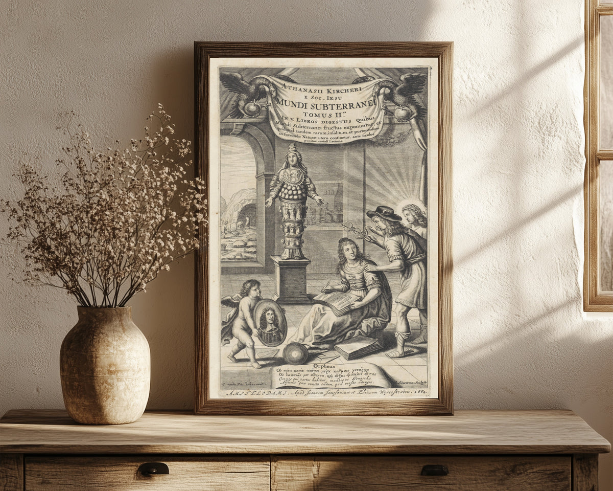 Framed art print of Mundus Subterraneus, Volume II: Title Page by Athanasius Kircher, in a dark wood frame leaning on a rustic console beside dried flowers