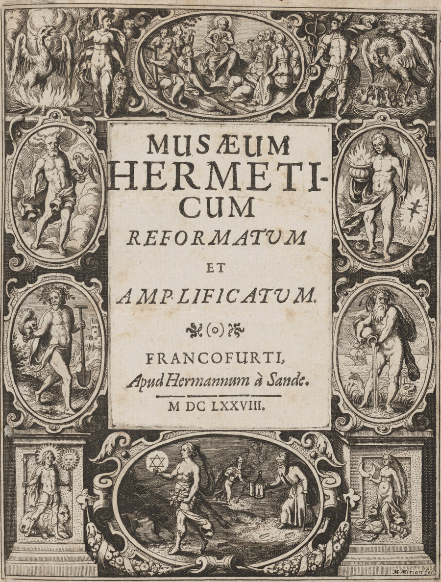 Matthäus Merian — Musaeum Hermeticum: Engraved Title Page | Alchemical Engraving Print shown to scale on a wall above a sofa