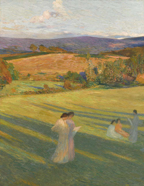 Muses dans un paysage by Henri Martin — Muses in pale gowns read and rest on a hillside striped with shadow