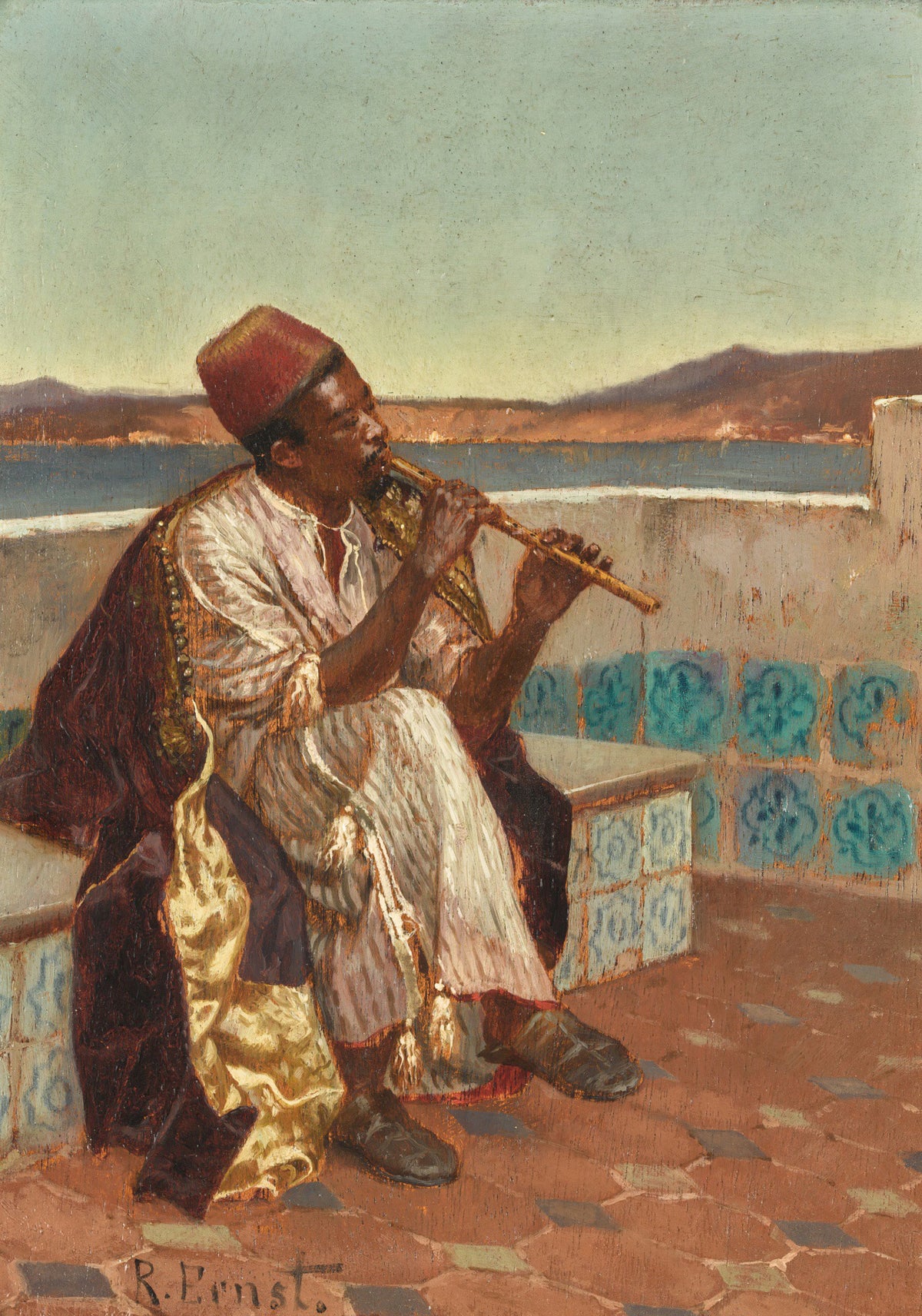 Musician on the Terrace by Rudolf Ernst — A flute player on a tiled rooftop terrace above the sea