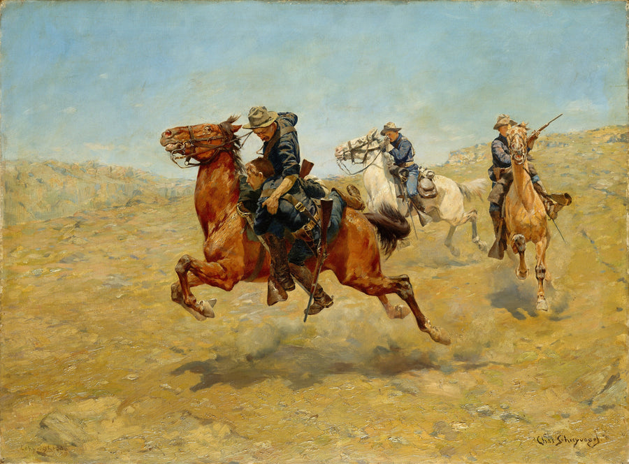 Charles Schreyvogel — My Bunkie | Western Art Print shown to scale on a wall above a sofa