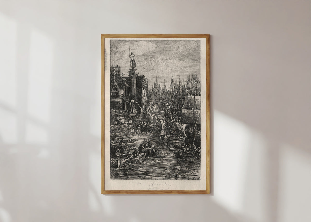 Framed art print of My Dream by Rodolphe Bresdin, in a light wood frame on a sunlit white wall