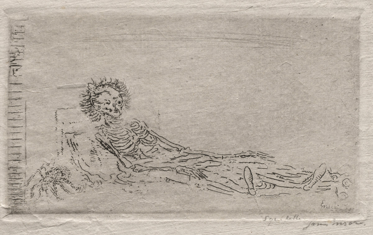 My Portrait in the Year 1960 by James Ensor — The artist imagines himself as a skeleton stretched out on a mat