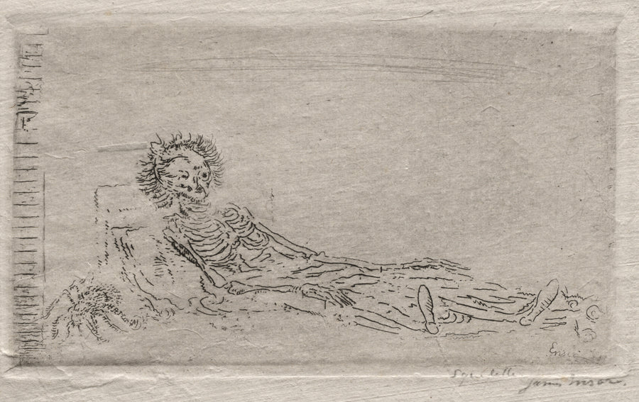 James Ensor — My Portrait in the Year 1960 | Etching Print shown to scale on a wall above a sofa