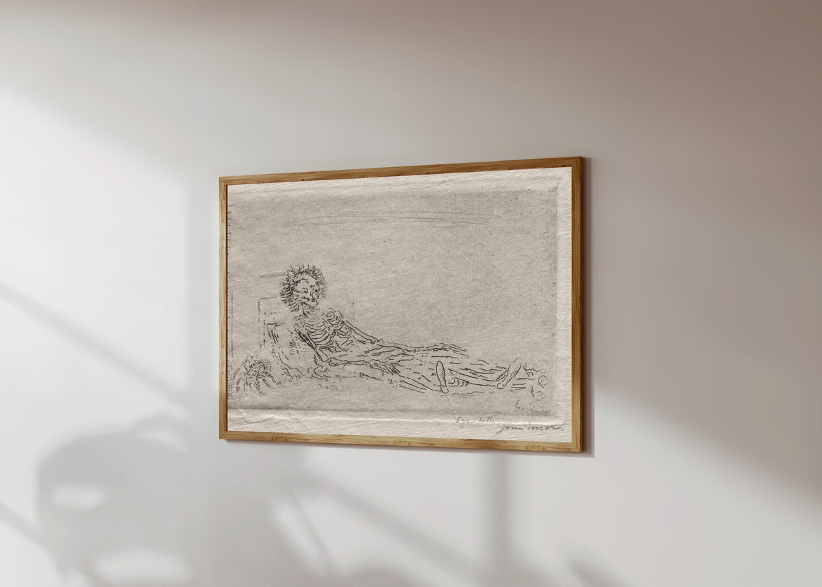 Framed art print of My Portrait in the Year 1960 by James Ensor, in a light wood frame on a sunlit white wall, seen at a slight angle