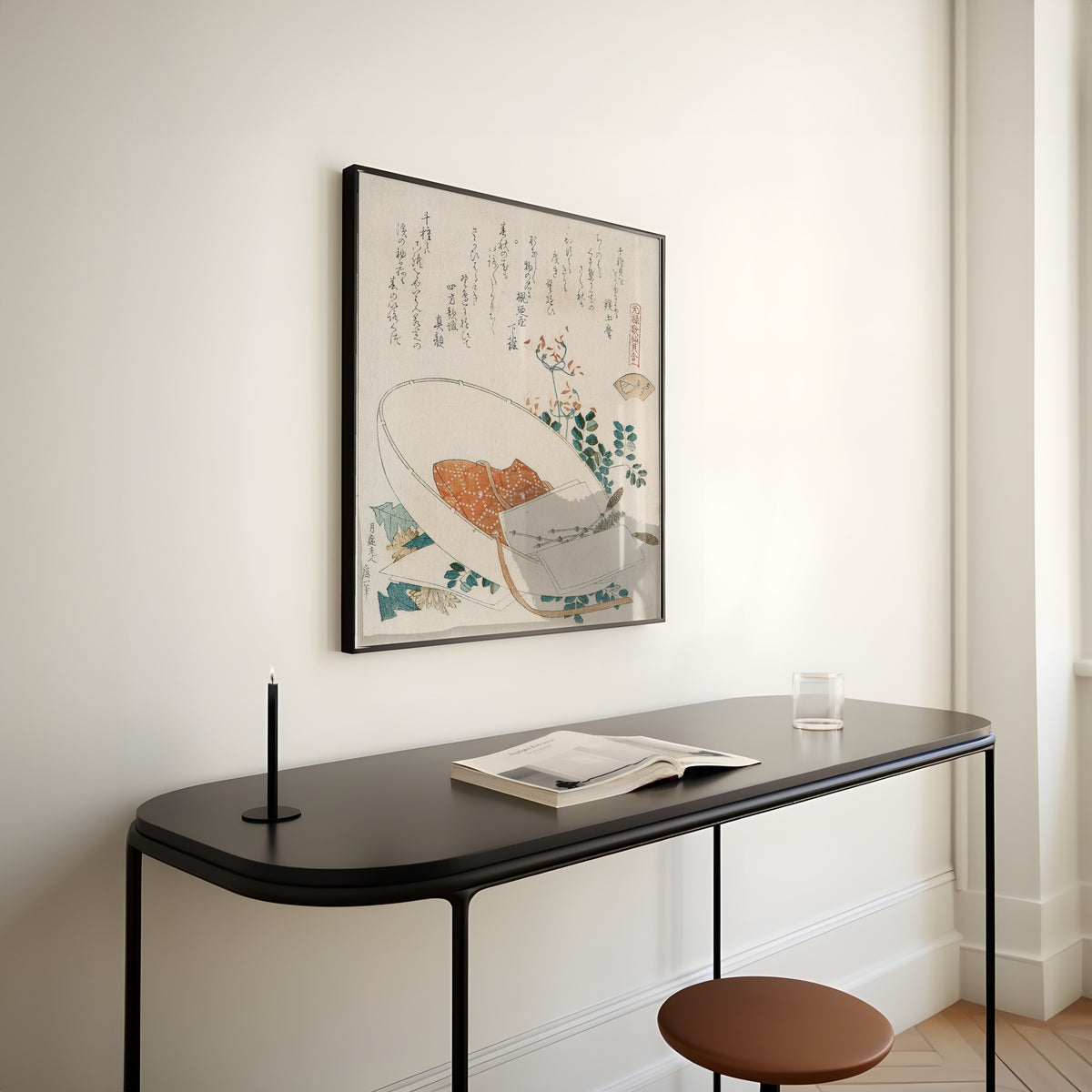 Framed art print of Myriad Grasses Shell by Katsushika Hokusai, above a slim black console table