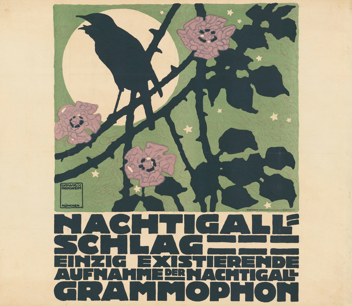 Nachtigallschlag: Einzig existierende Aufnahme der Nachtigall, Grammophon by Ludwig Hohlwein — A singing bird in silhouette against a full moon and pink