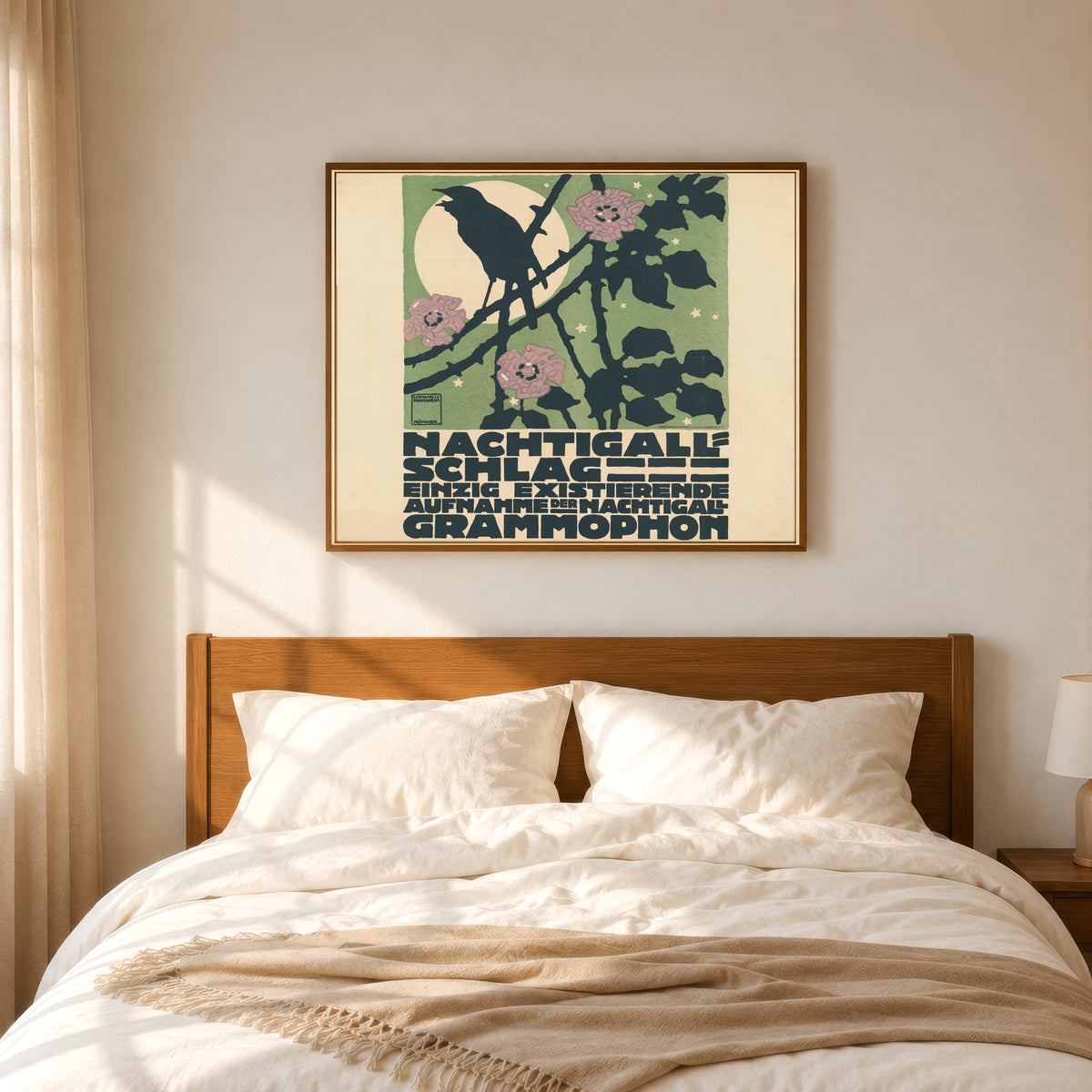 Framed art print of Nachtigallschlag: Einzig existierende Aufnahme der Nachtigall… by Ludwig Hohlwein, in a slim wood frame above a bed in a sunlit bedroom