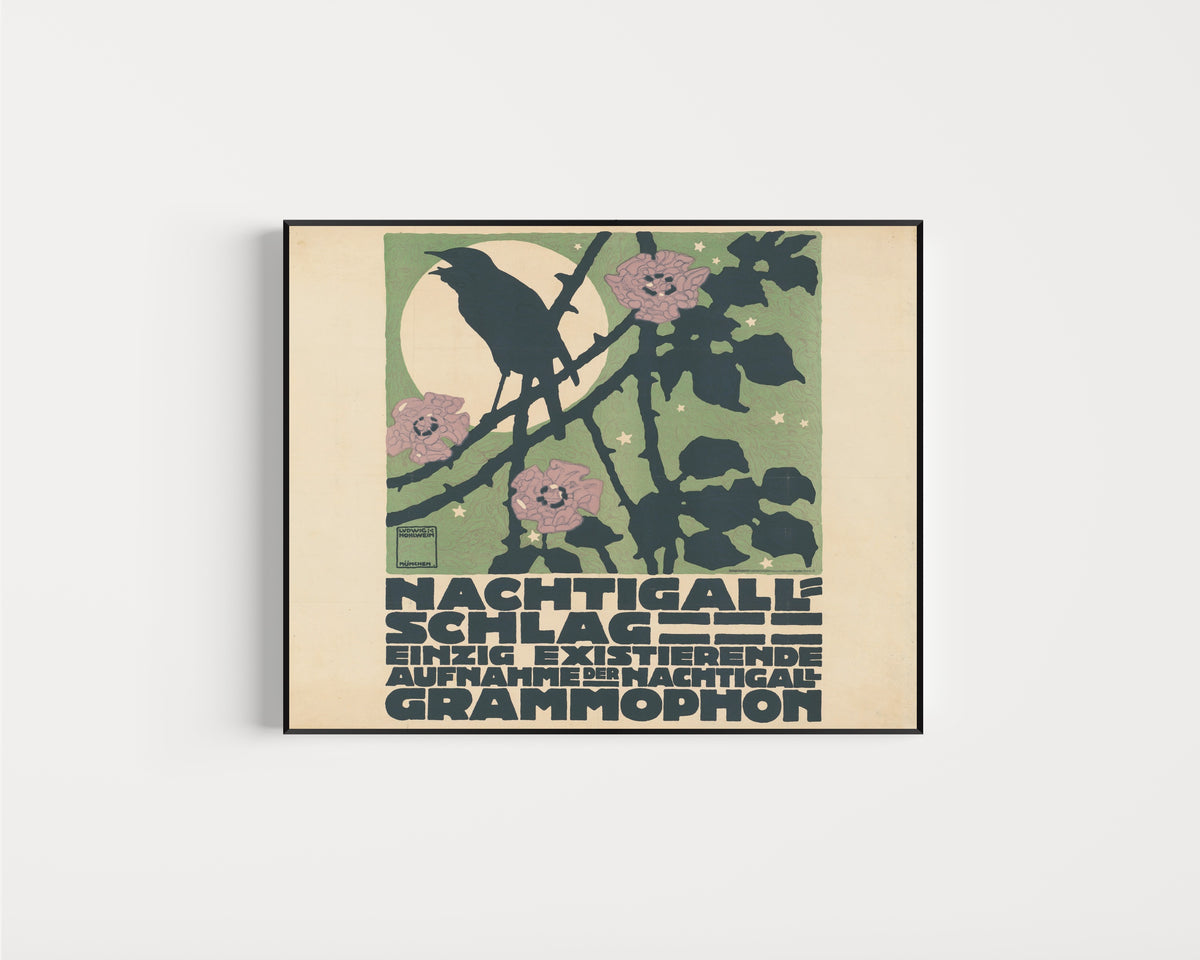 Framed art print of Nachtigallschlag: Einzig existierende Aufnahme der Nachtigall, Grammophon by Ludwig Hohlwein, in a slim black frame on a plain white wall
