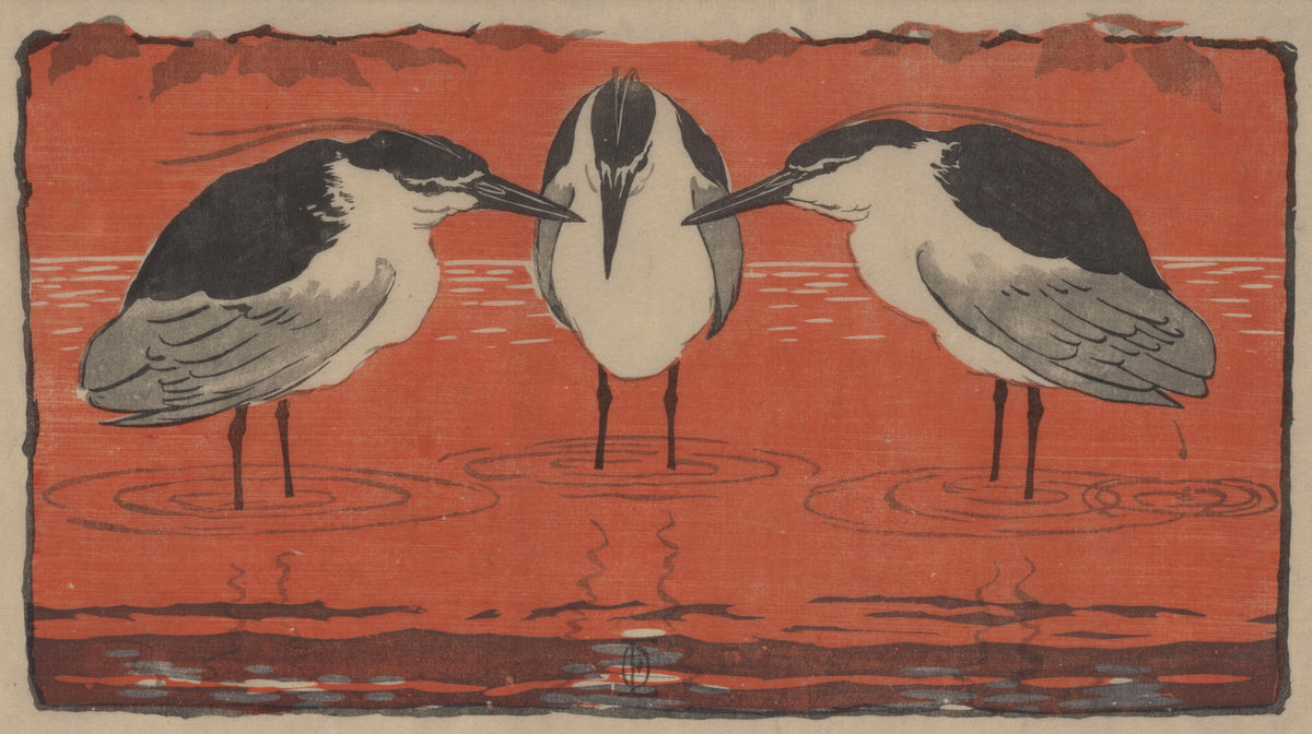 Nachtreiher (Drei Philosophen) by Otto Eckmann — Three night herons stand in vermilion water, beaks nearly touching