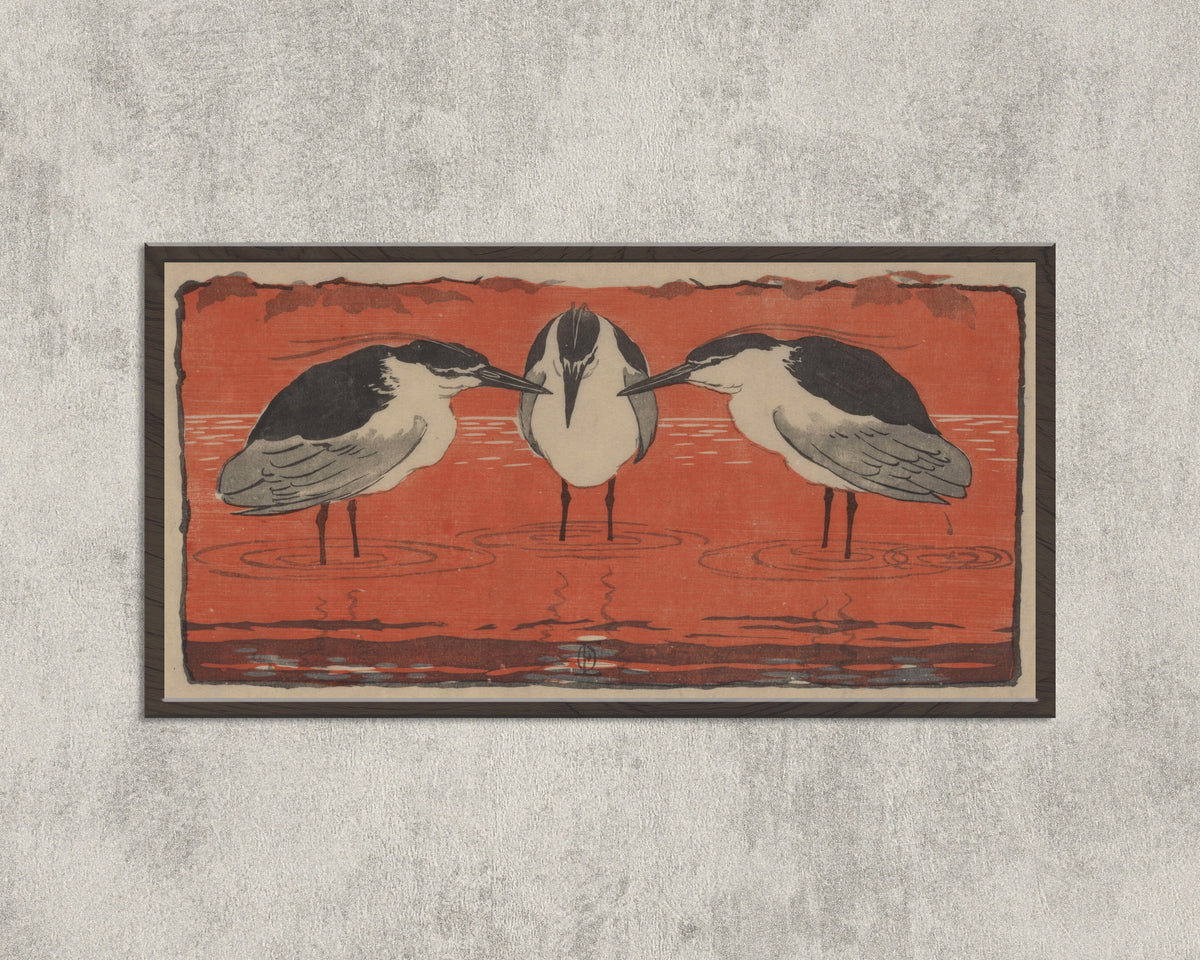 Framed art print of Nachtreiher (Drei Philosophen) by Otto Eckmann, in a wide black frame on a concrete wall
