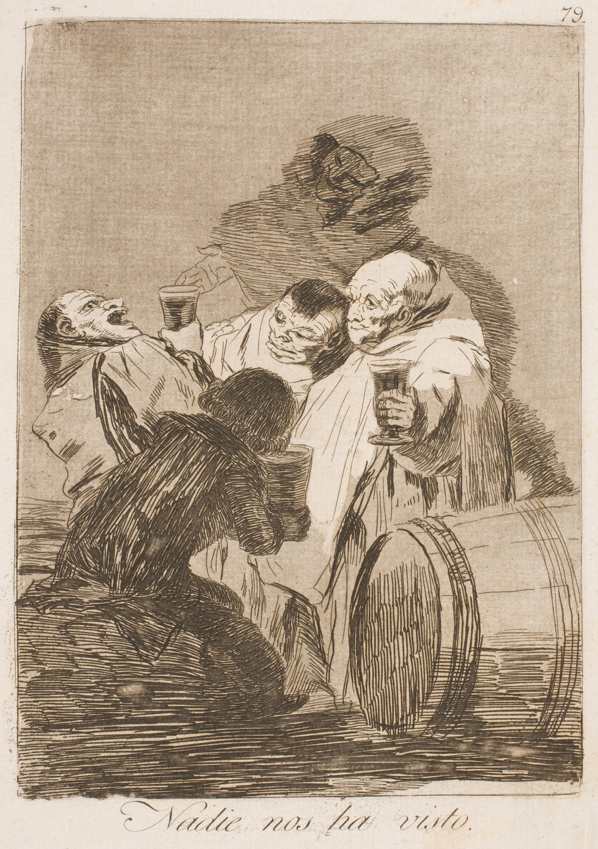 Nadie nos ha visto (Nobody Has Seen Us), Los Caprichos, Plate 79 by Francisco de Goya — Laughing drinkers toast round a wine barrel as a dark shape looms