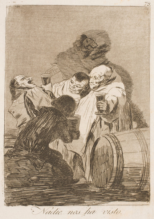 Nadie nos ha visto (Nobody Has Seen Us), Los Caprichos, Plate 79 by Francisco de Goya — Laughing drinkers toast round a wine barrel as a dark shape looms