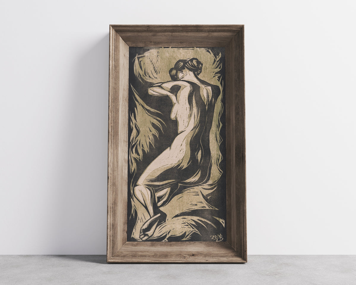 Naked Woman by Meijer Bleekrode — in a wide wooden frame leaning against a concrete wall