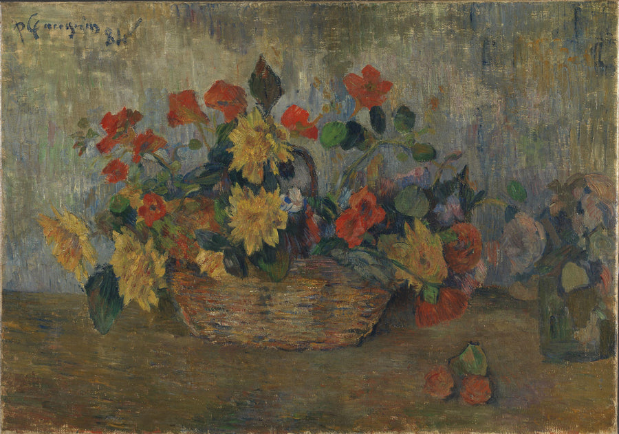 Paul Gauguin — Nasturtiums and Dahlias in a Basket | Fine Art Print shown to scale on a wall above a sofa