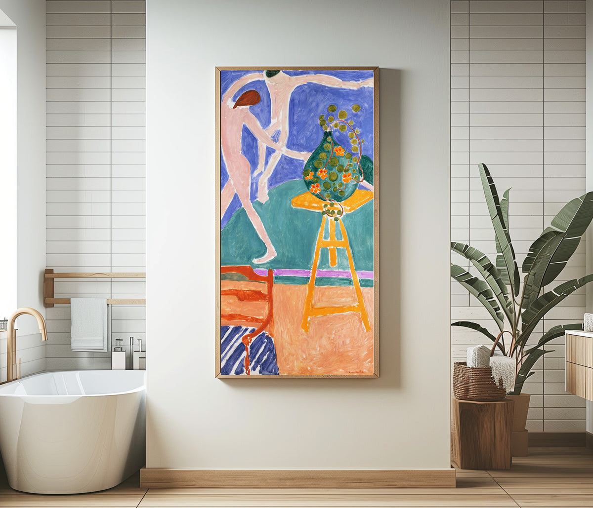 Framed art print of Nasturtiums with the Painting “Dance” (II) by Henri Matisse, in a bathroom beside a freestanding tub